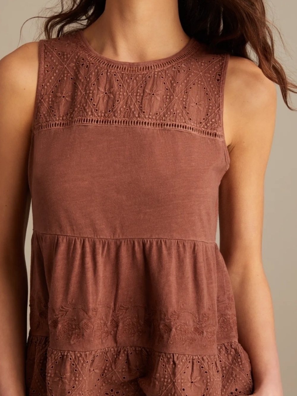 Lucky Brand Lace Ruffle Tiered Tunic Babydoll Top Chocolate Brown Size XL